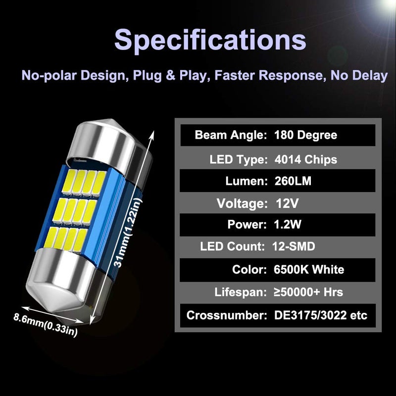 XINYANG 2PCS DE3175 Festoon LED Car Bulb 31mm 1.22in Canbus No Error Extremely Bright 12SMD 4014 Chipsets DE3021 LED Lamp for License Plate Dome Map Door Courtesy Lights,White - Image 2